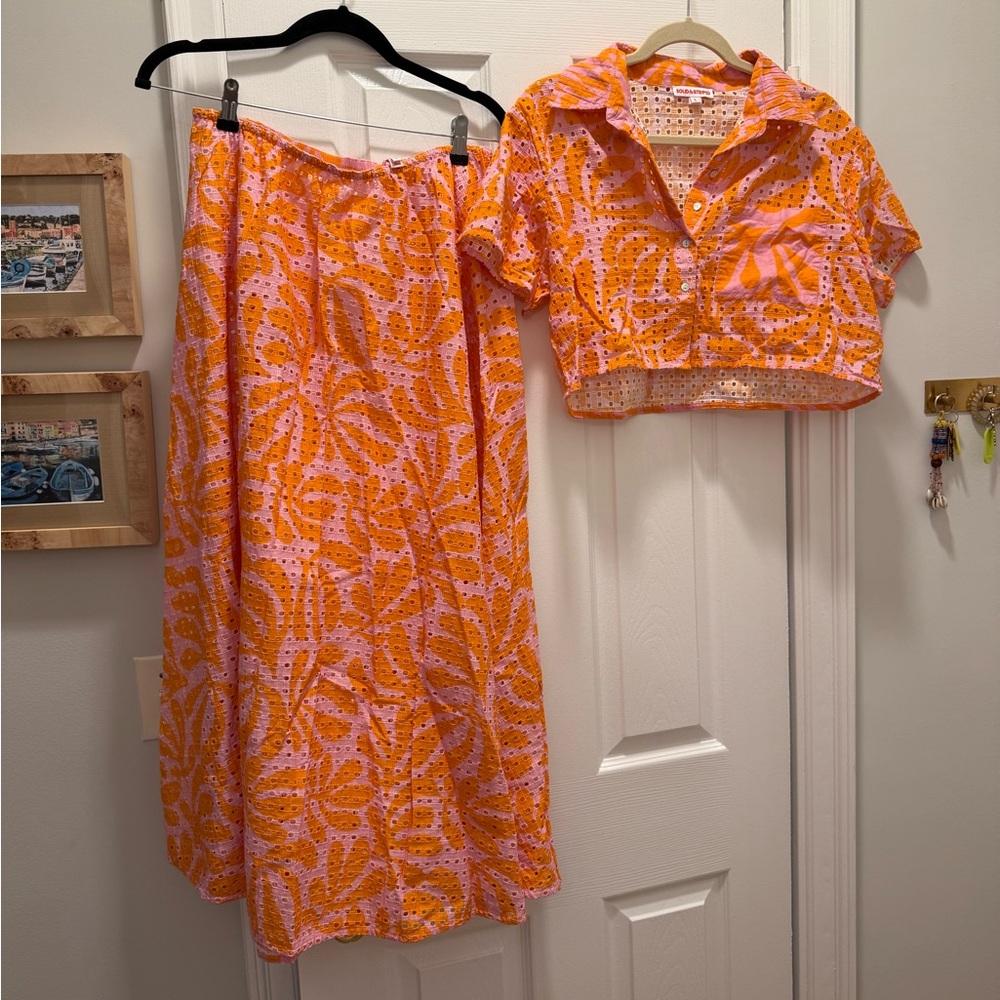 Solid & Striped Brie Eyelet Skirt and Cabana Top set. carnation pink clementine